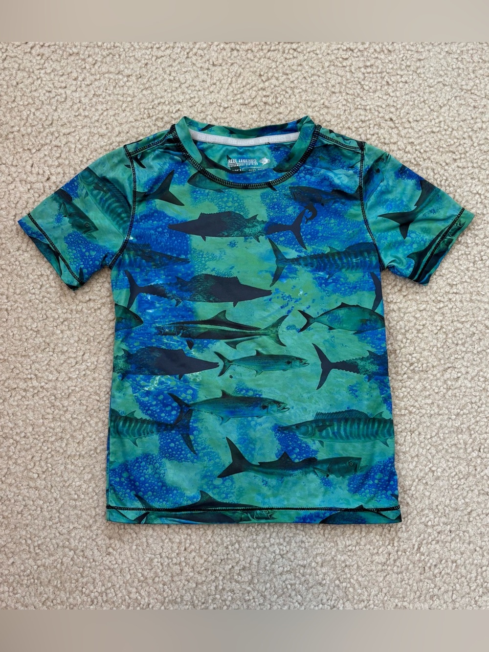 Reel Legends Boys Green & Blue Shark Print Kids Swim Shirt Size 5